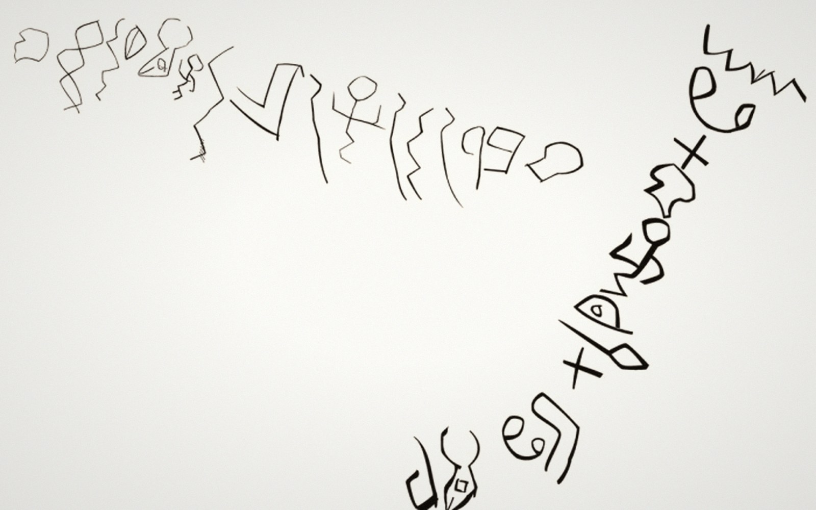 Hand-drawn tracing of proto-Sinaitic symbols arranged in a curving diagonal line