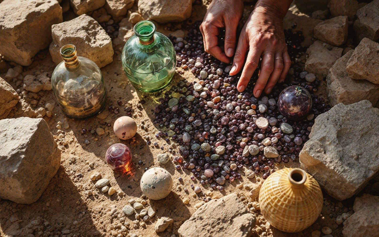 Hands sort small pebbles among glass bottles and decorative spheres arranged on stony ground