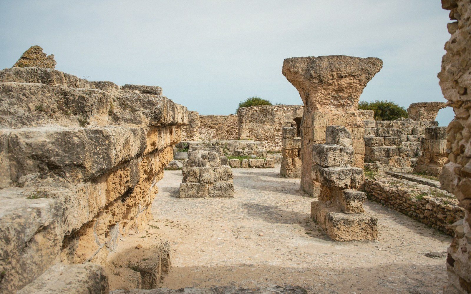 Weathered stone columns and walls stand among ancient ruins under a pale sky